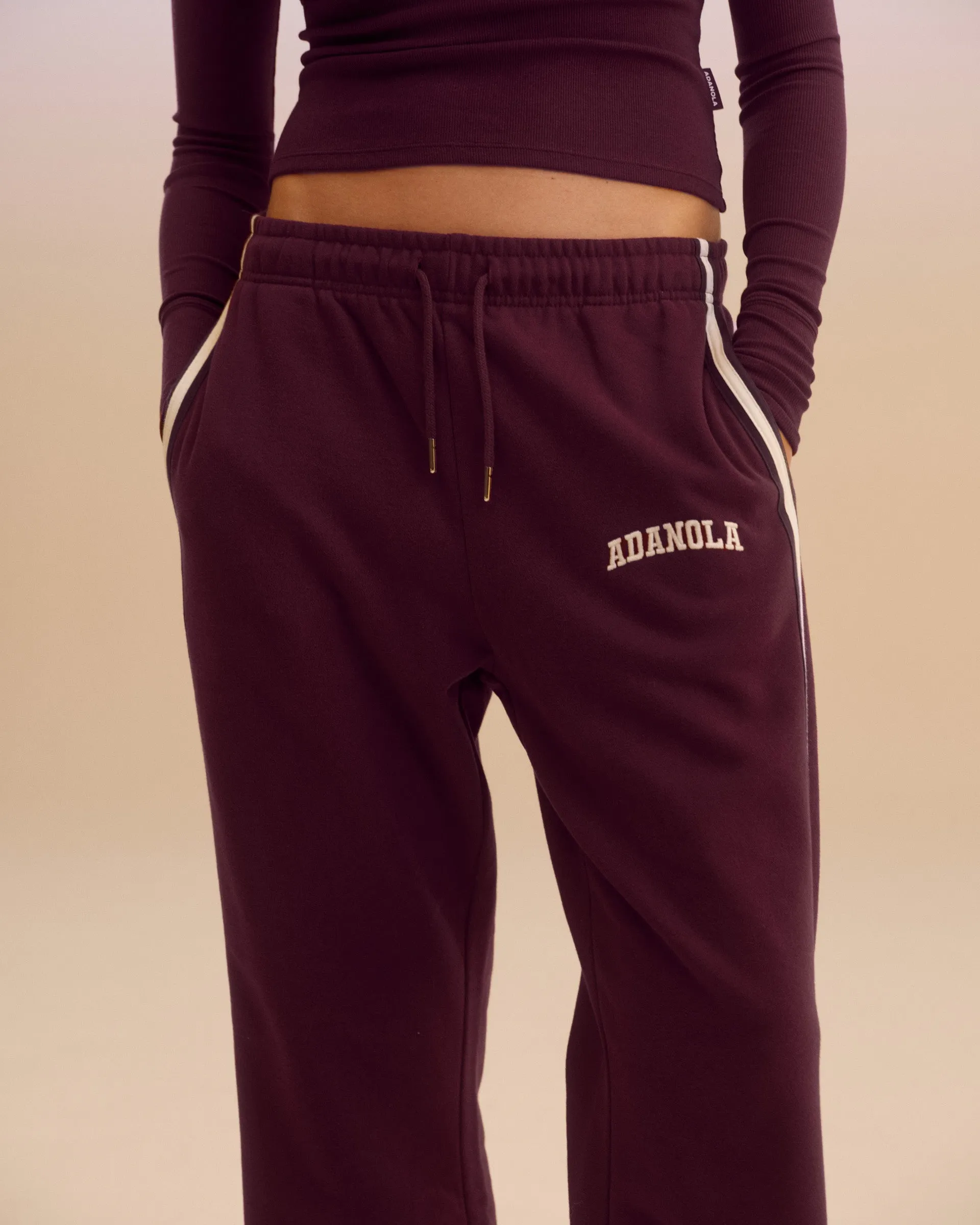 Varsity Loose Fit Straight Leg Sweatpants - Dark Cherry/Marshmallow White Move Comfort Stretchable Comfort