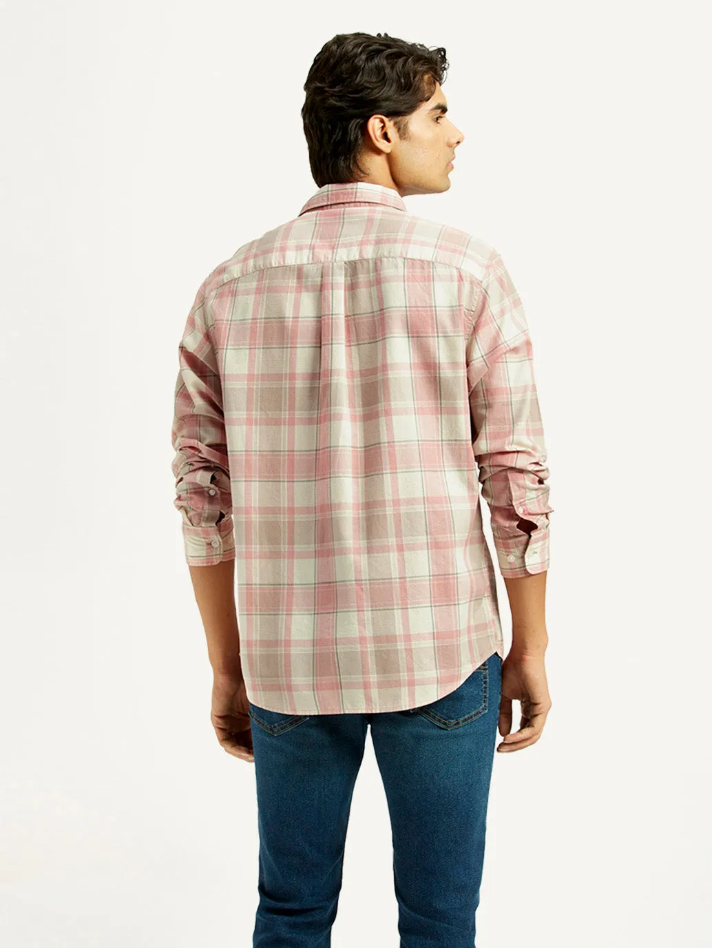Men's Checkered Light Pink Slim Fit Shirt Animal Print