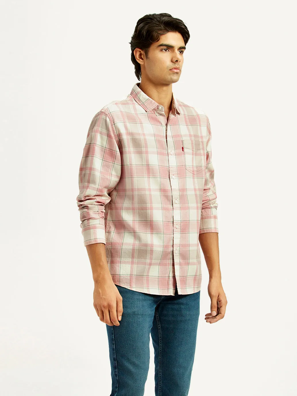 Men's Checkered Light Pink Slim Fit Shirt Breathable Underarm Vents