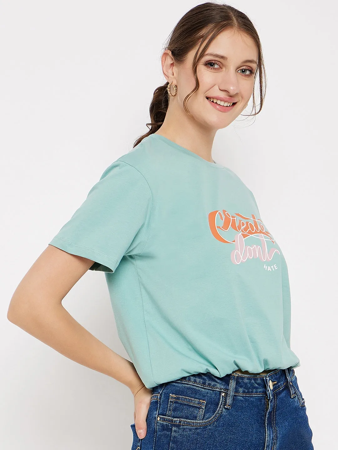 Madame Crew Neck Green Printed T-Shirt Lightweight Material Drip Dry Fabric