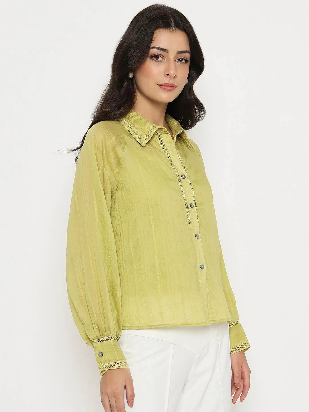 Minimalist Design Madame Textured Nylon Blend Cyber Lime Full Sleeve Shirt