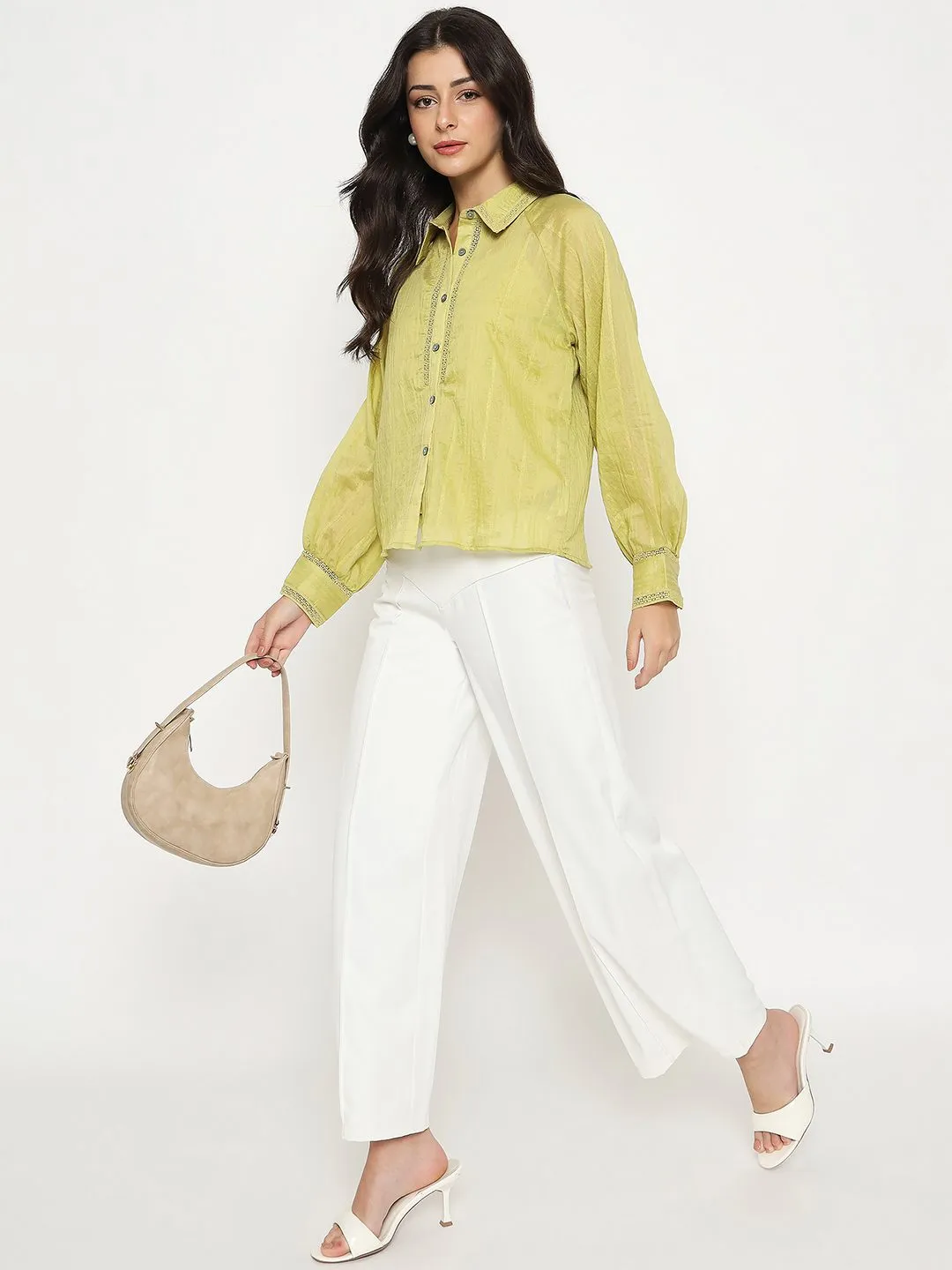 Lightweight Layers Madame Textured Nylon Blend Cyber Lime Full Sleeve Shirt