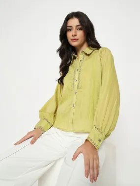 Easy Fit Sporty Design Madame Textured Nylon Blend Cyber Lime Full Sleeve Shirt