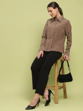 Madame Allover Embellished Brown Shirt Embellished Neckline Comfy Design