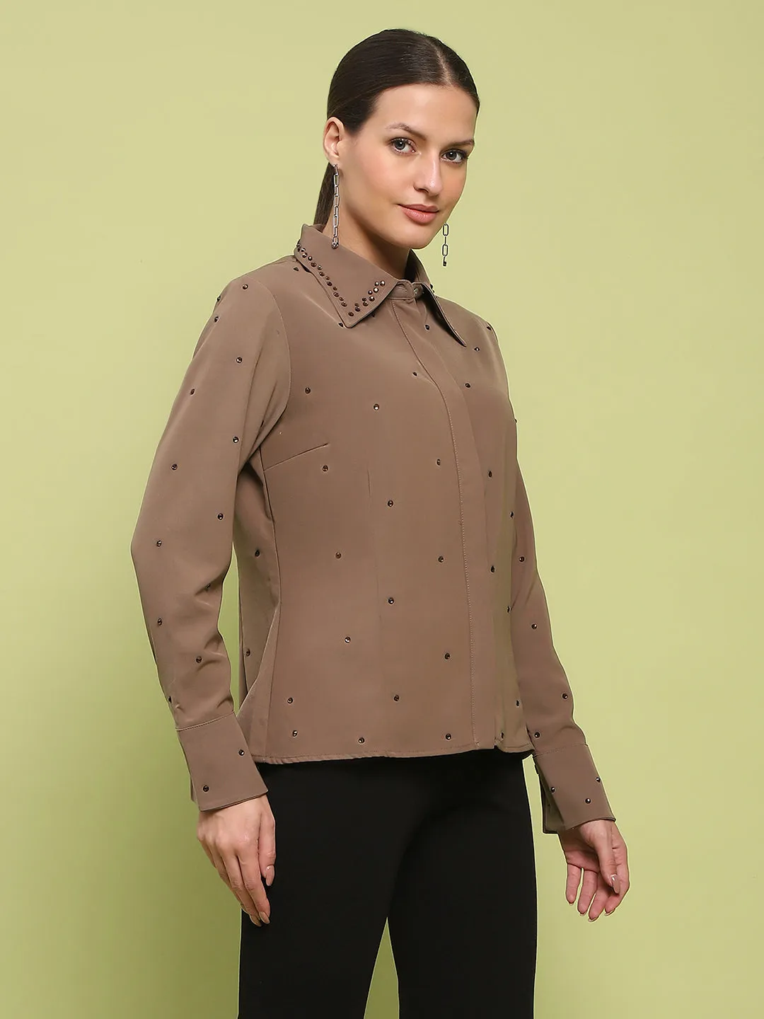 Cultural Inspired EasyCare Fabric Madame Allover Embellished Brown Shirt