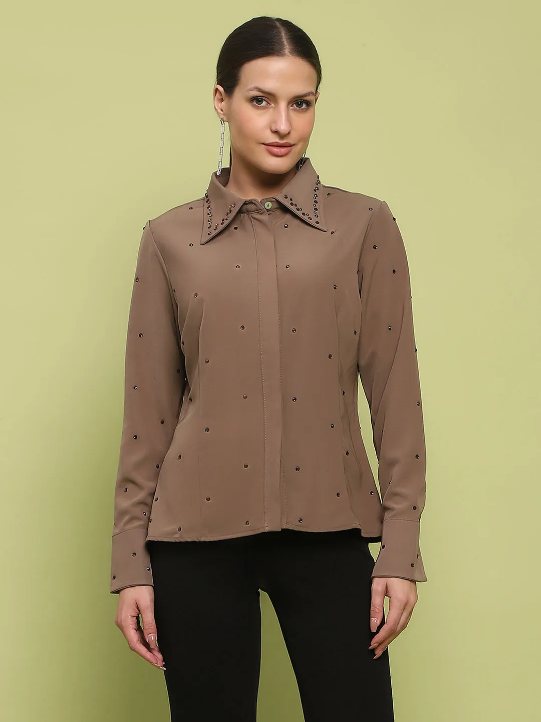 Rooftop Bar decorative element Madame Allover Embellished Brown Shirt