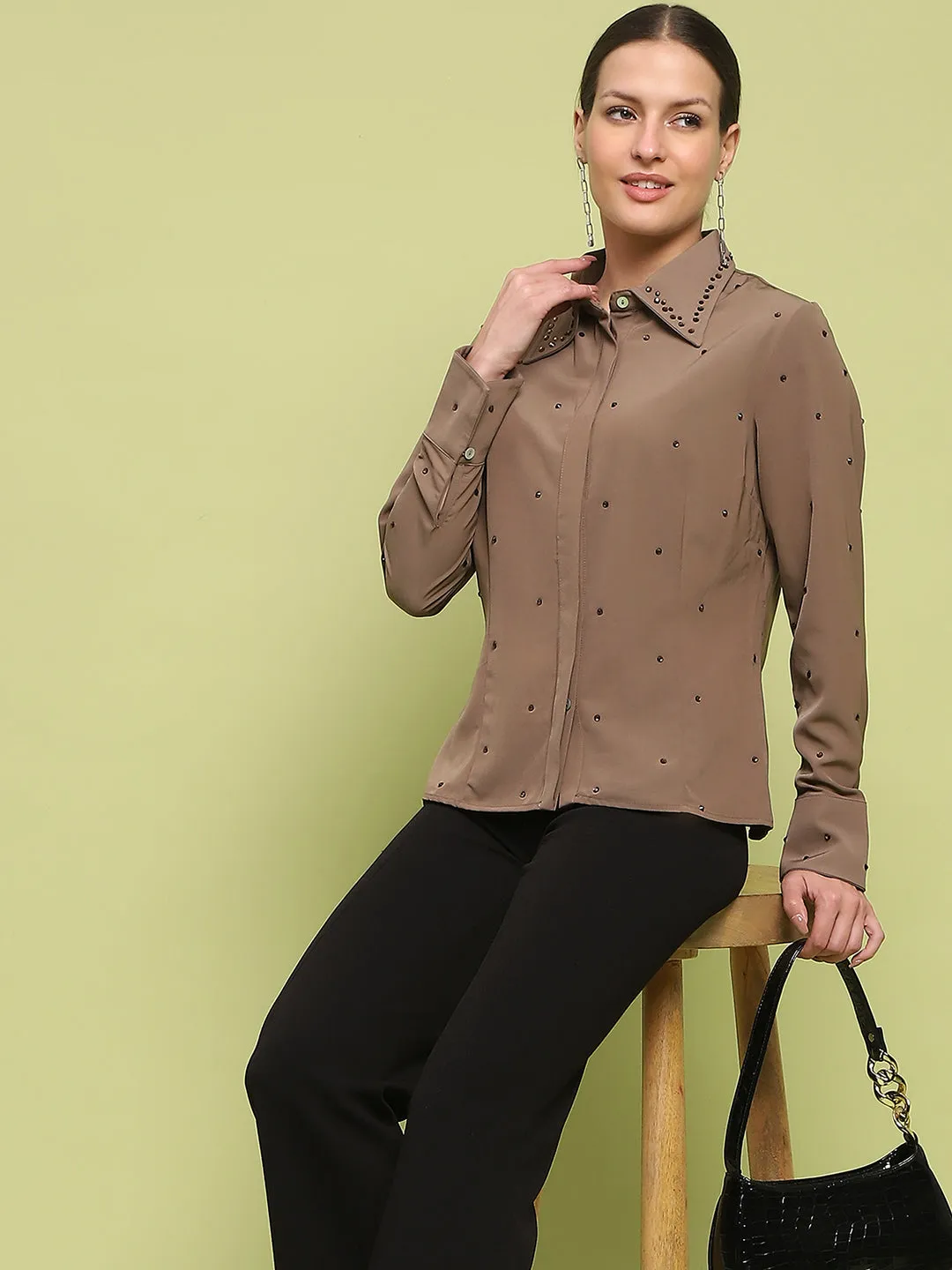 Madame Allover Embellished Brown Shirt Sustainable Dye Process