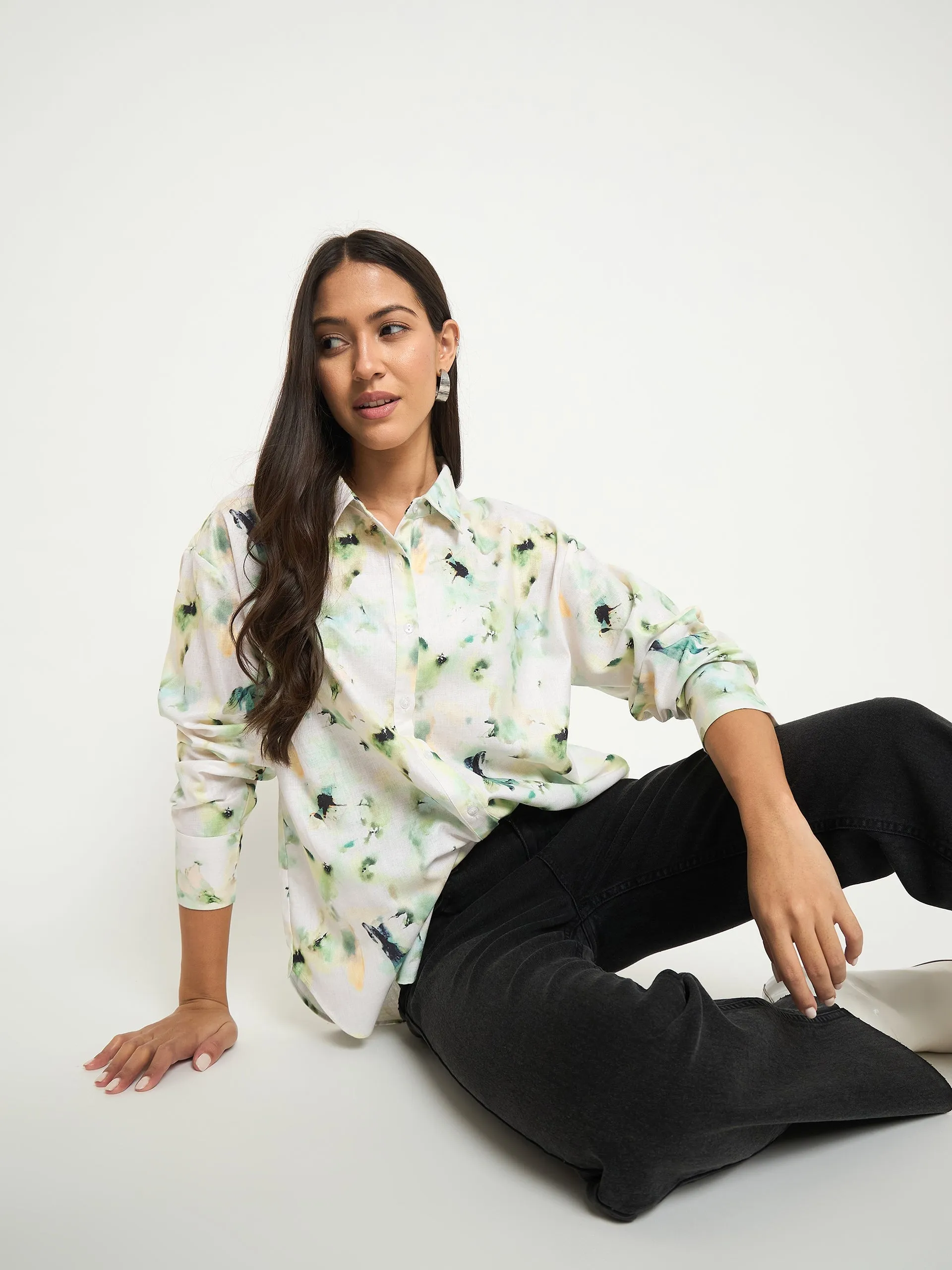 Low Profile Pocket Design Sleepwear Madame All Over Botanical Print Lemon Yellow Shirt