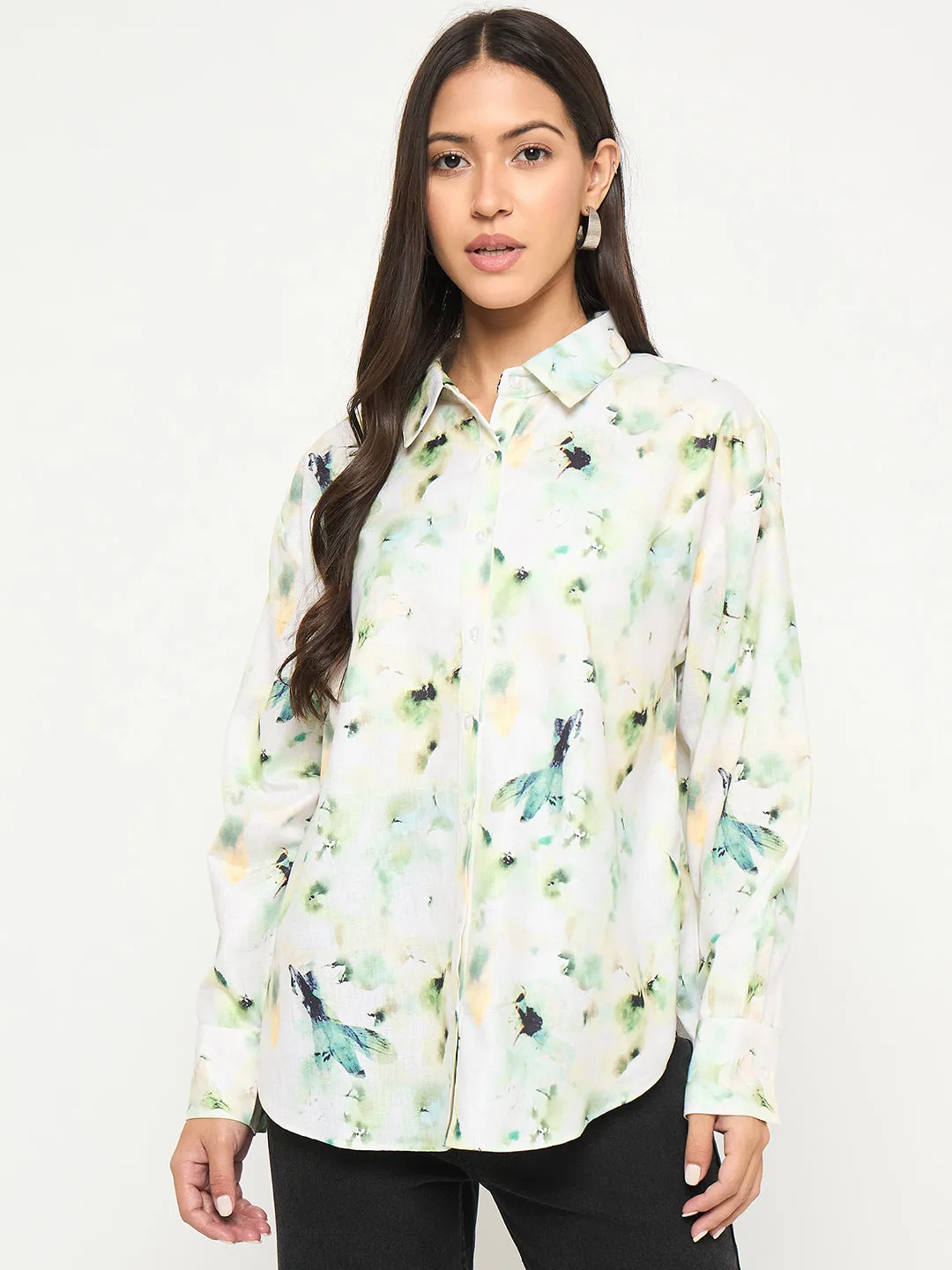 Rugged Style Madame All Over Botanical Print Lemon Yellow Shirt