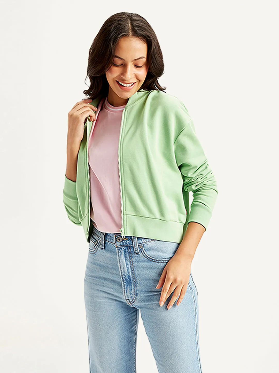 Women's Brand Logo Green Baseball Collar Neck Sweatshirt Casual Style