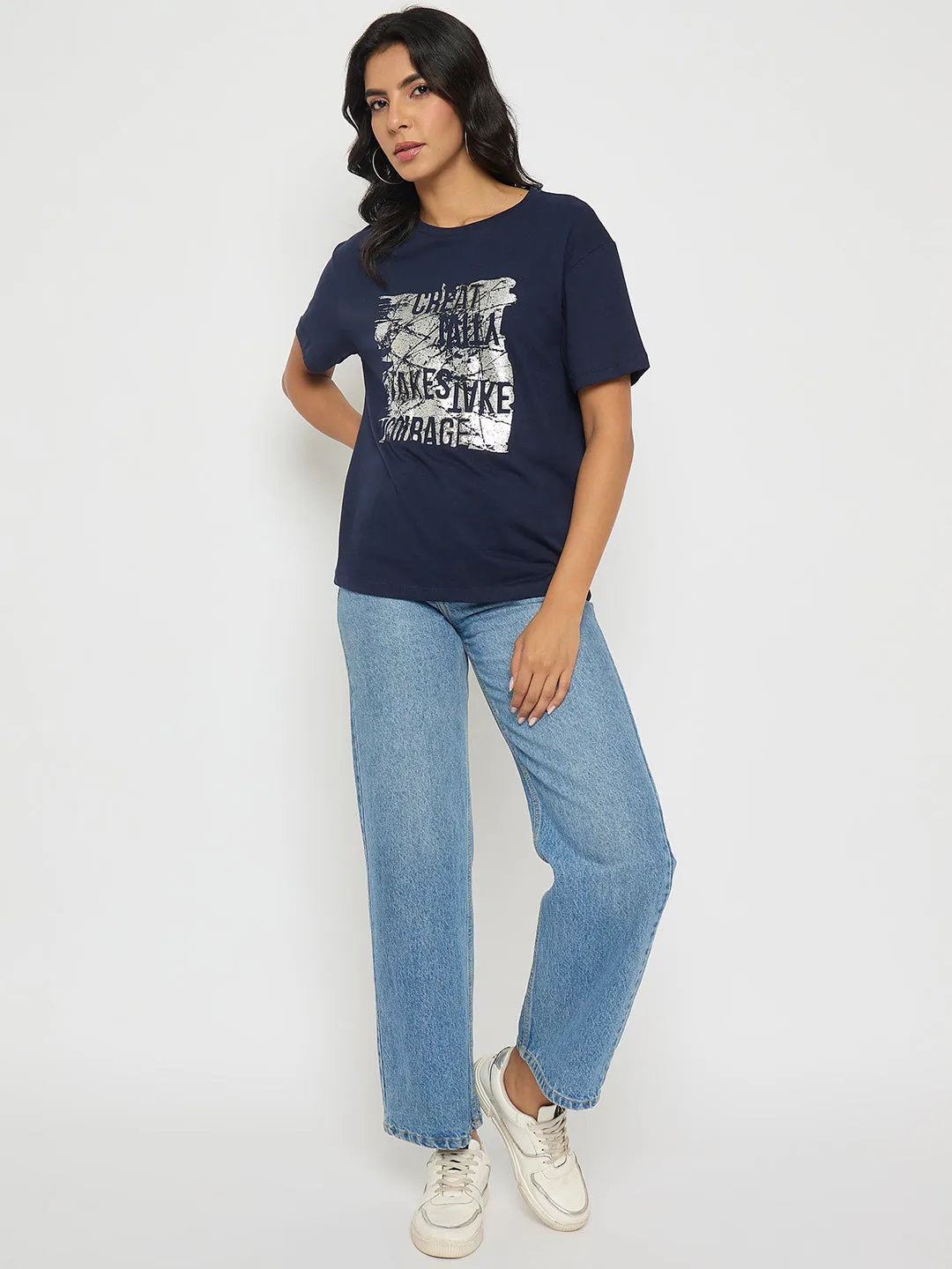 Madame Graphic And Typography Print Navy Blue Cotton T-Shirt Timeless Must-Have Floral freshness