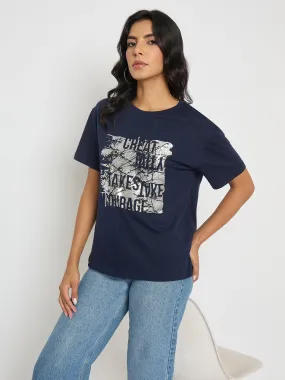 Chic School spirit Madame Graphic And Typography Print Navy Blue Cotton T-Shirt