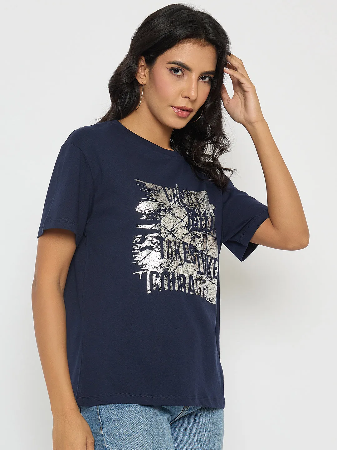 Madame Graphic And Typography Print Navy Blue Cotton T-Shirt LightweightBlend Comfort Fit