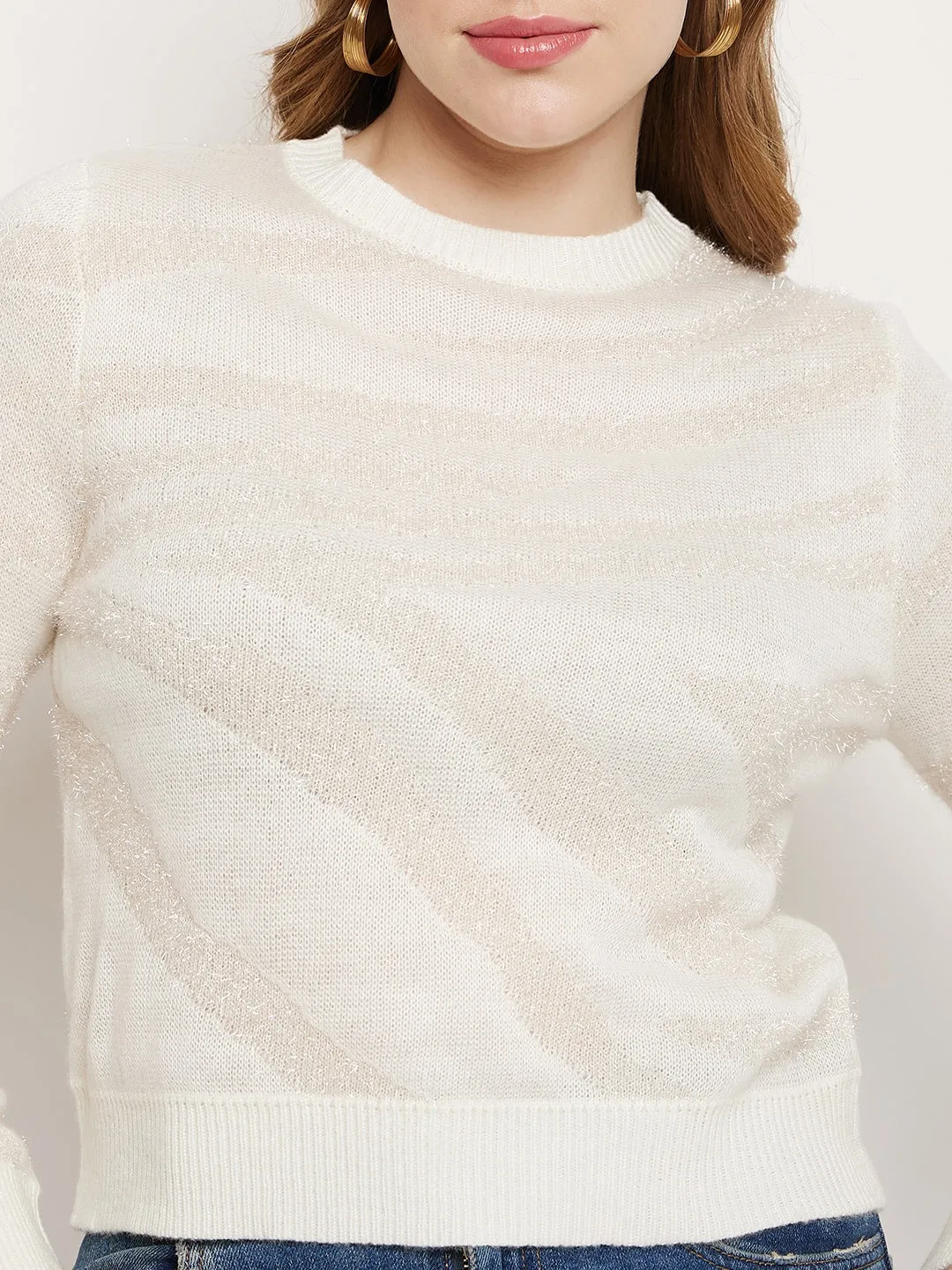 Comfy Material Hypoallergenic Fiber Madame White Crew Neck Sweater