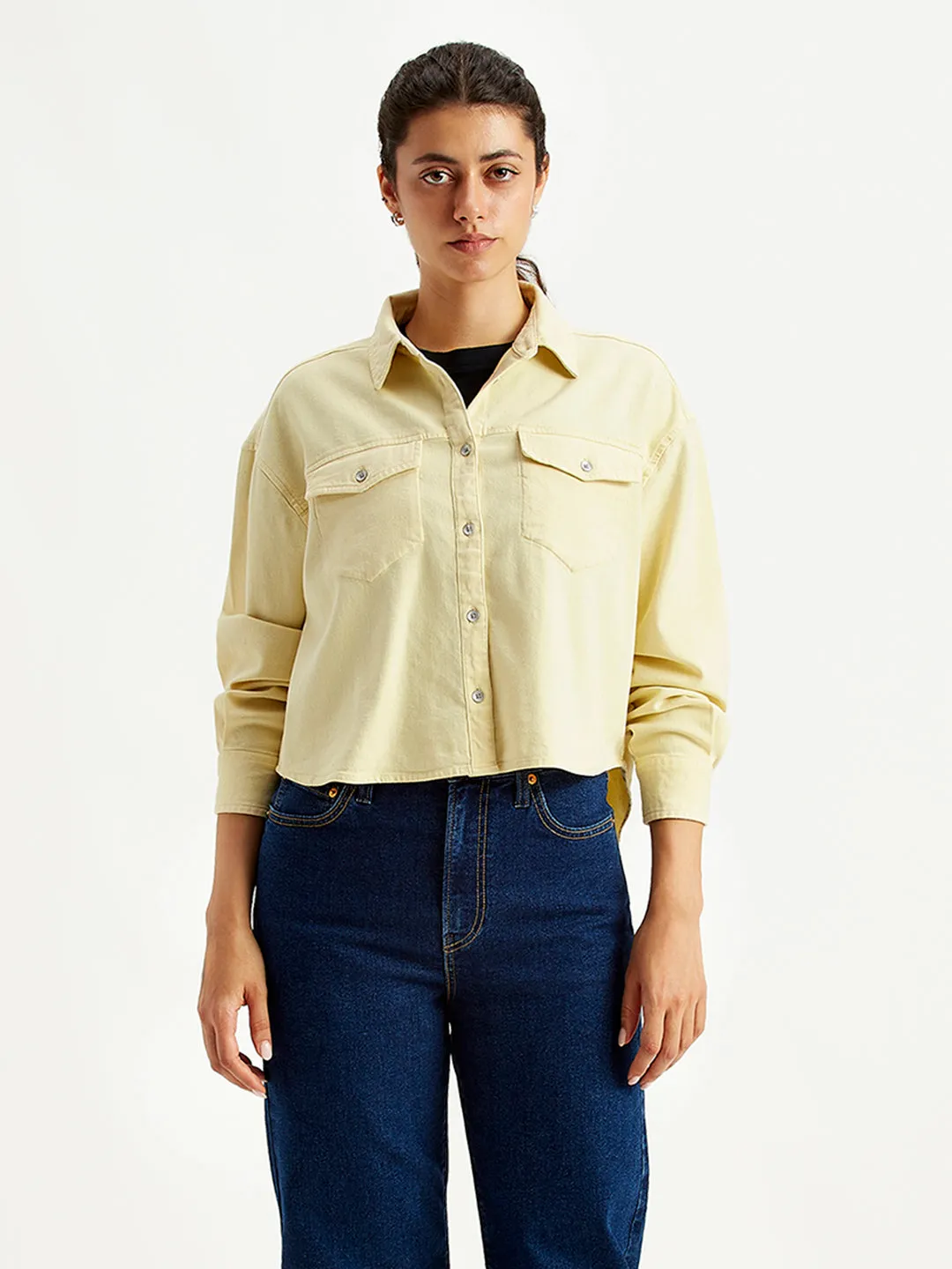 Women's Solid Regular Fit Denim Shirt Polo Style
