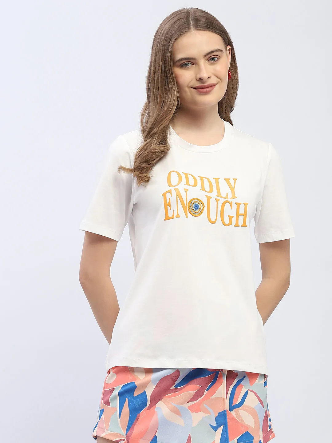 Madame Typography White Regular T-Shirt Athletic Wear Regular Fit