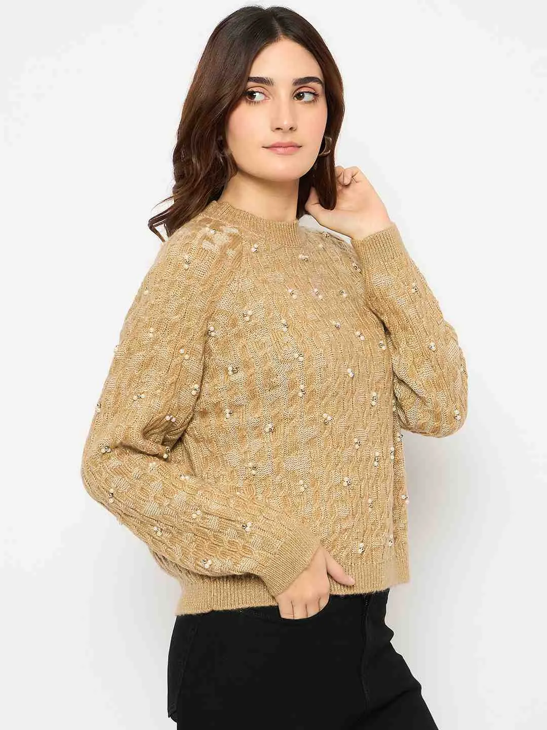 Knit Look Madame Cable Knit Pearl Embellished Brown Sweater