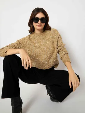 Madame Cable Knit Pearl Embellished Brown Sweater Knit Fabric