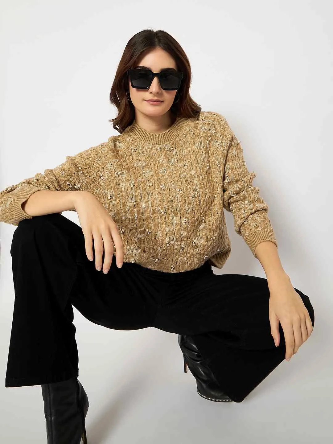 Madame Cable Knit Pearl Embellished Brown Sweater Knit Fabric
