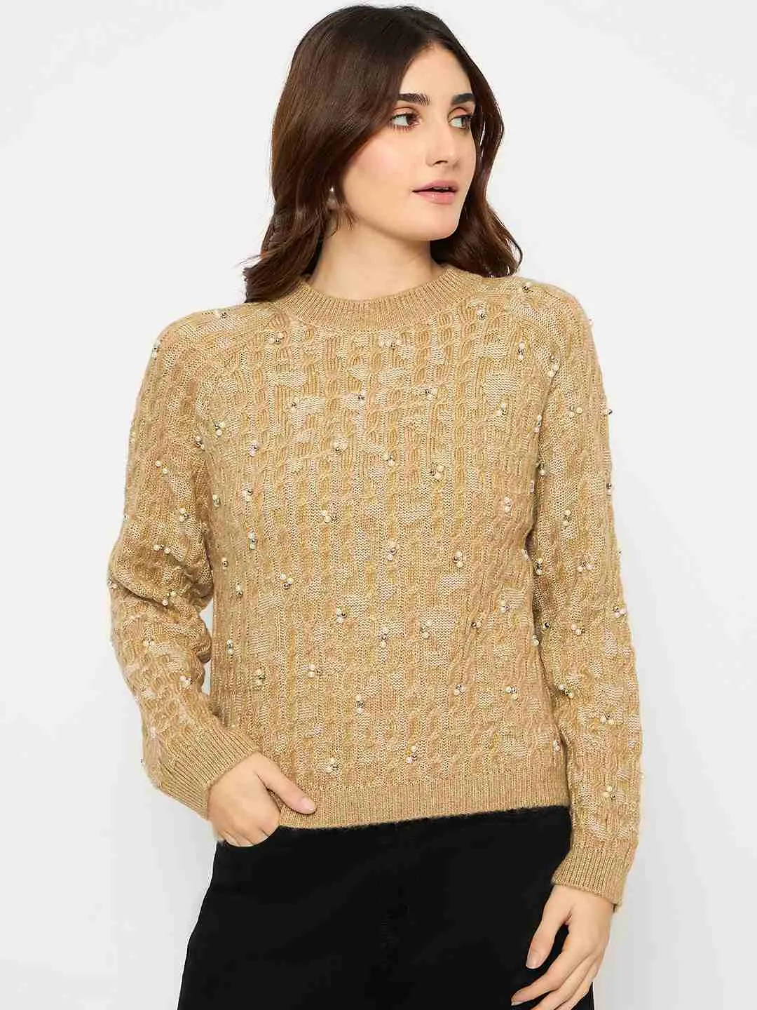 Madame Cable Knit Pearl Embellished Brown Sweater Abrasion Resistant Seams Soft touch layer