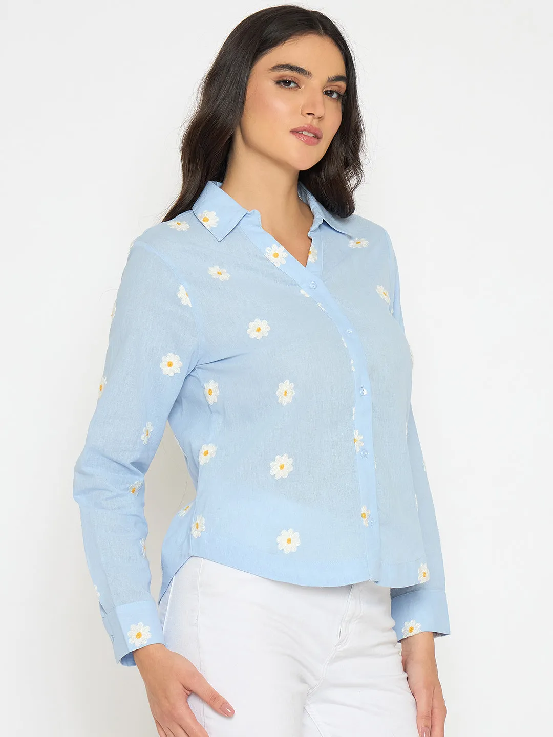 Madame Floral Embroidery Blue Cotton Shirt Designer Touch Chic Ensemble