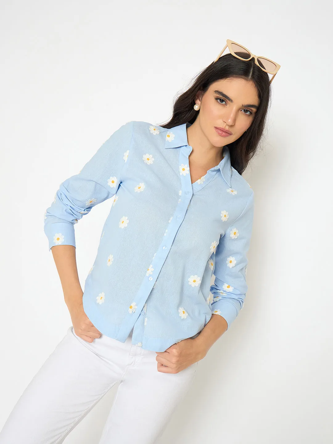 Madame Floral Embroidery Blue Cotton Shirt quick dry