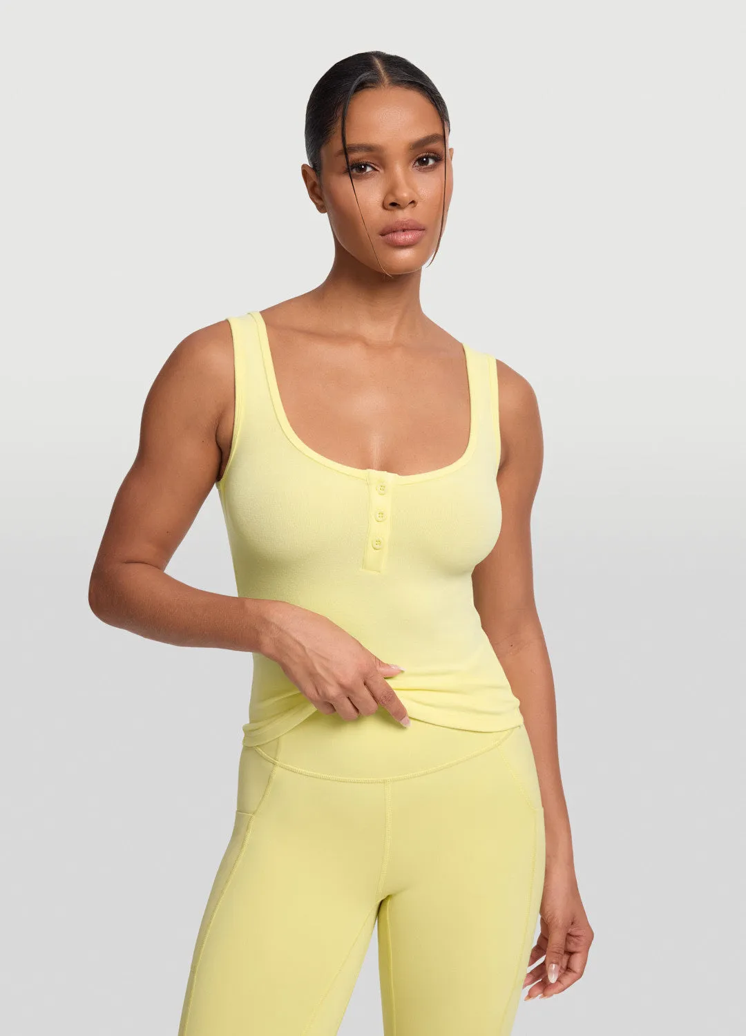 Button Front Tank Top Sandwich Mesh Panel Structure SubtleTexture