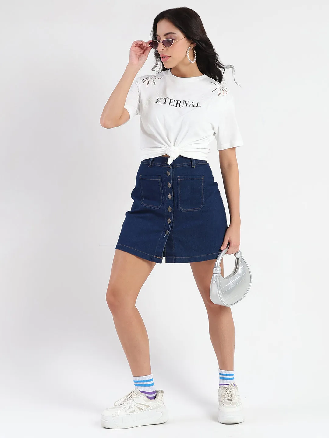 UV Protection Fabric Madame Printed Embroidery Cutwork White Crop T-shirt