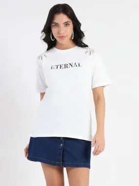 Sport Performance Design RibbedNeckBanding Madame Printed Embroidery Cutwork White Crop T-shirt