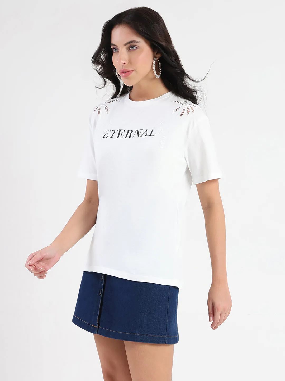 Comfy Performance Wear Madame Printed Embroidery Cutwork White Crop T-shirt
