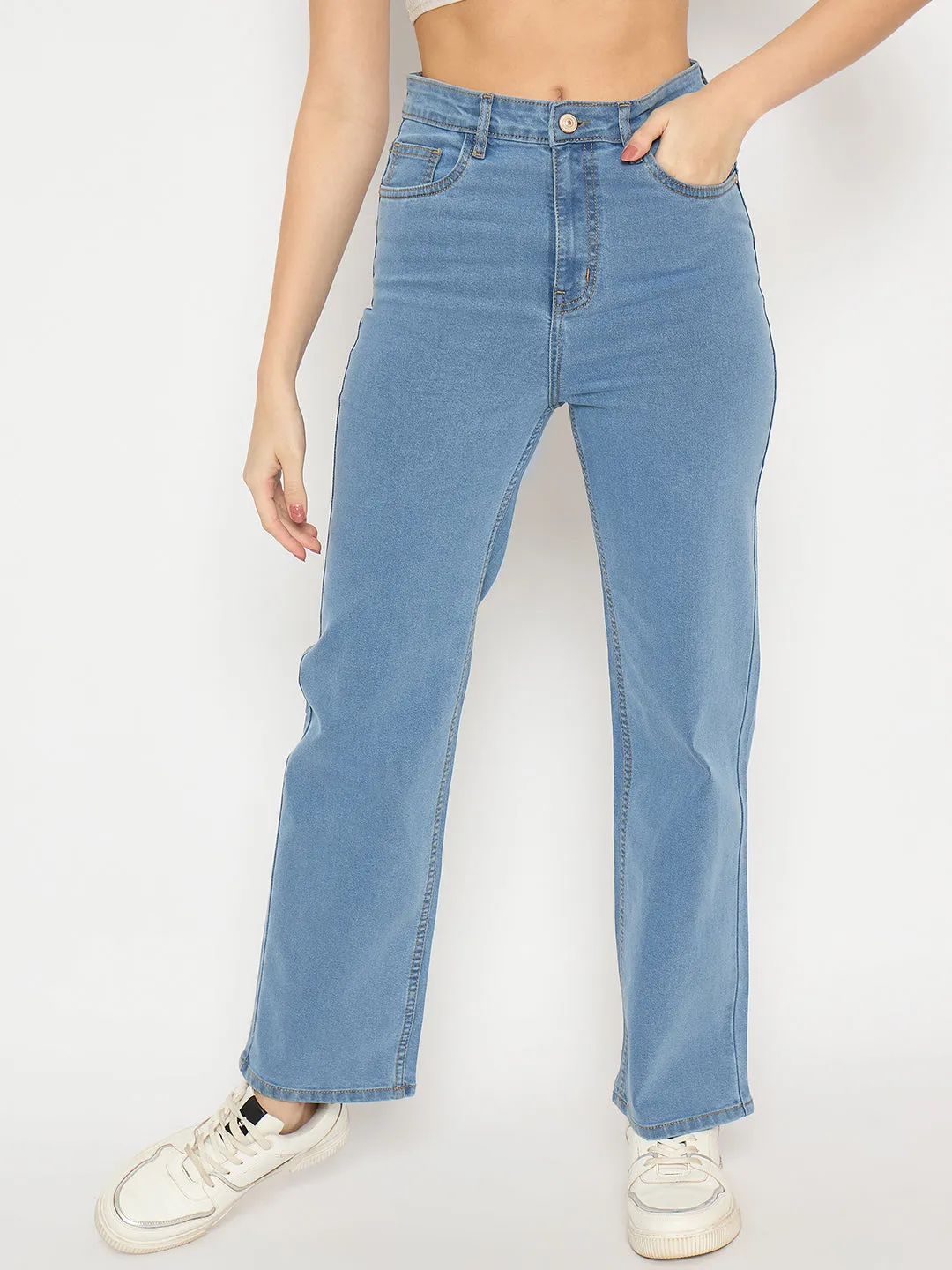 Madame Light Blue Straight Fit Denim Jeans Move With Ease