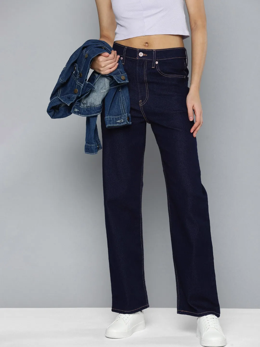 Women's Navy Blue Ribcage Straight Fit High Rise Jeans Clean Base