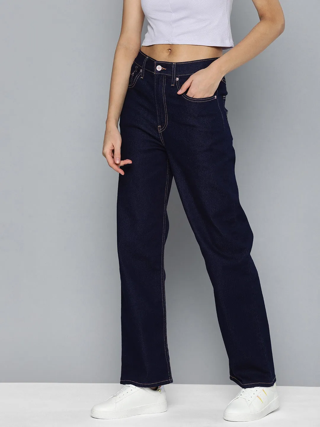 Cool Outfit Women's Navy Blue Ribcage Straight Fit High Rise Jeans