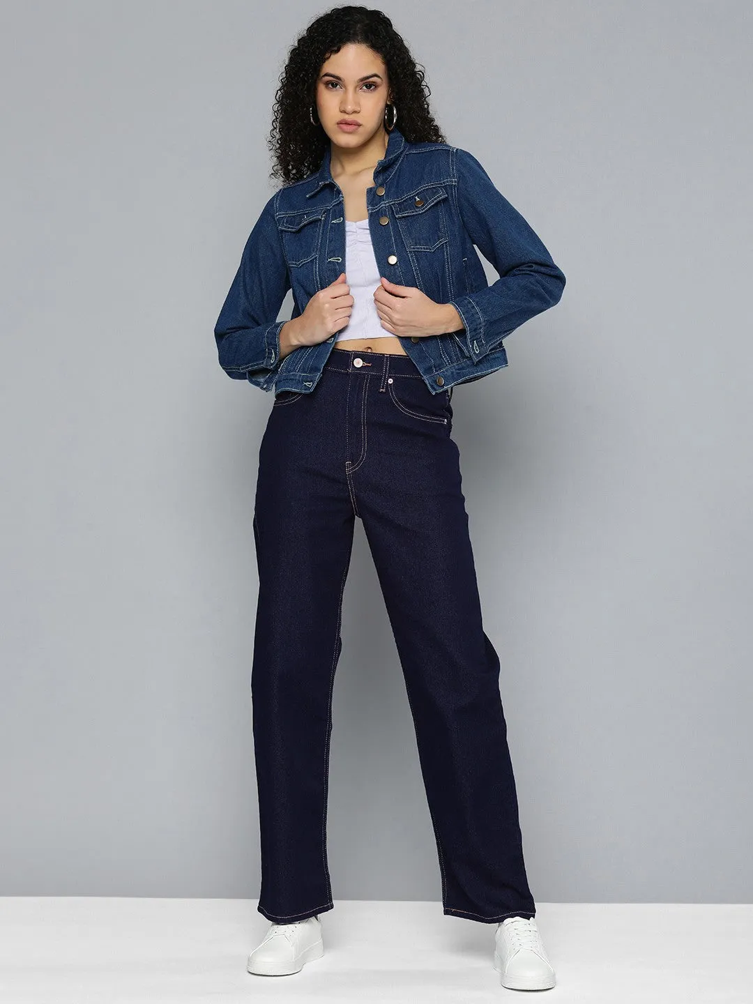 Women's Navy Blue Ribcage Straight Fit High Rise Jeans Nature Lover Party Look