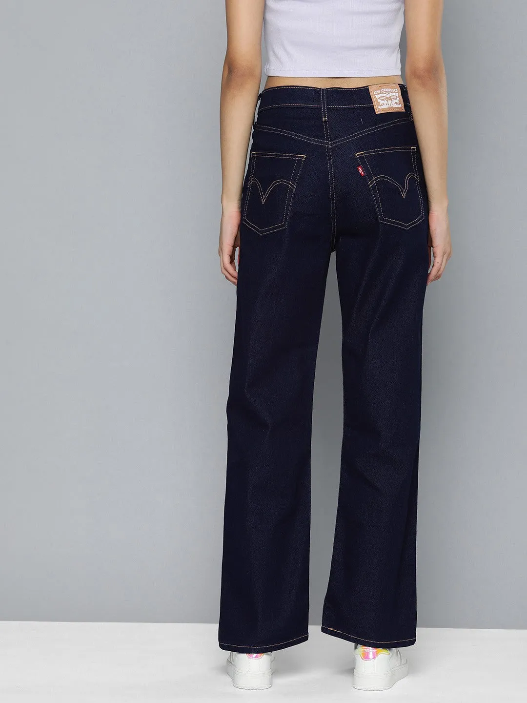 Women's Navy Blue Ribcage Straight Fit High Rise Jeans Style Statement Outfit Mix