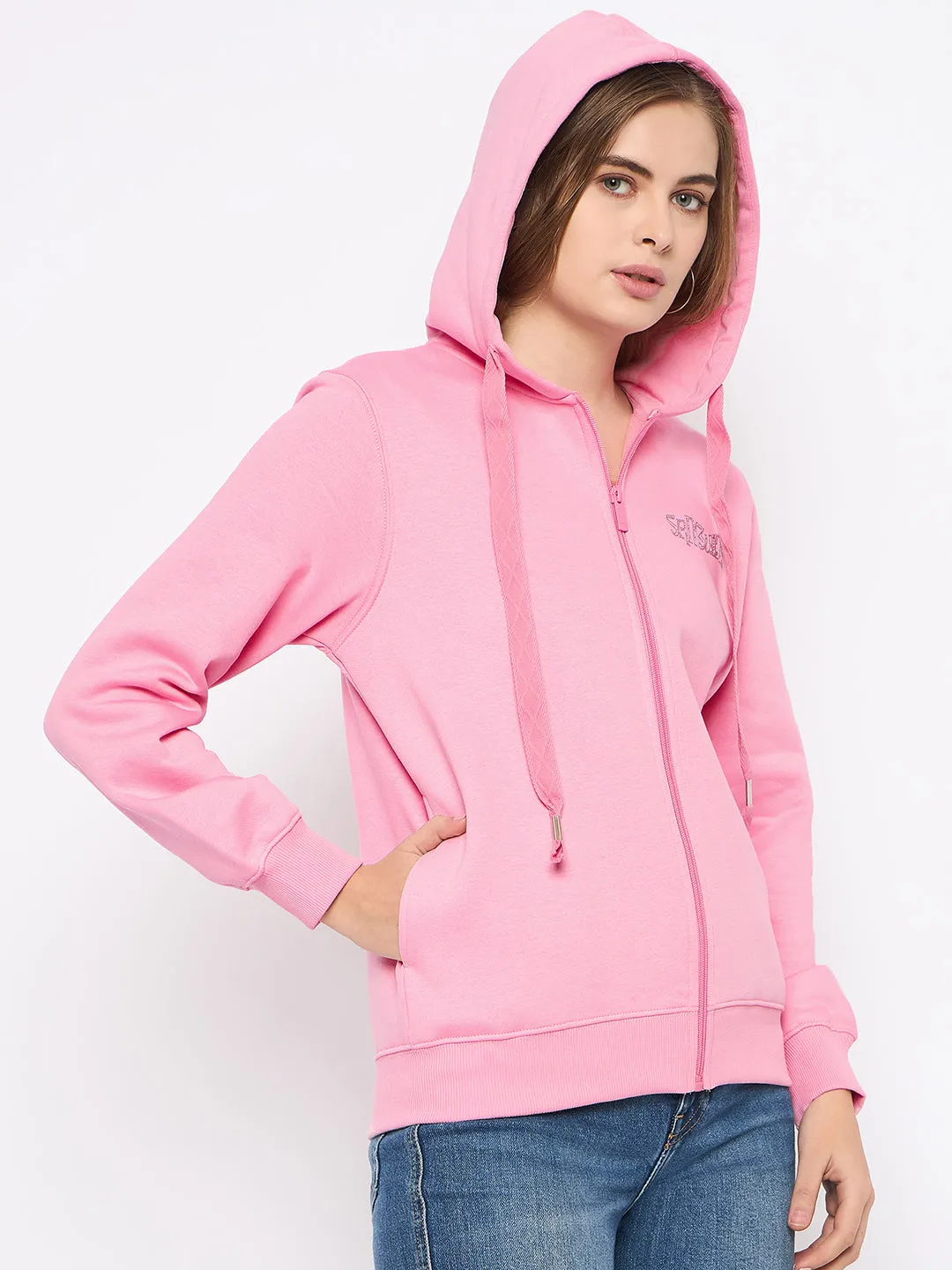 Festival Outfit product surfing suitability Madame Placement Print Detailed Pink Hooded Sweatshirt