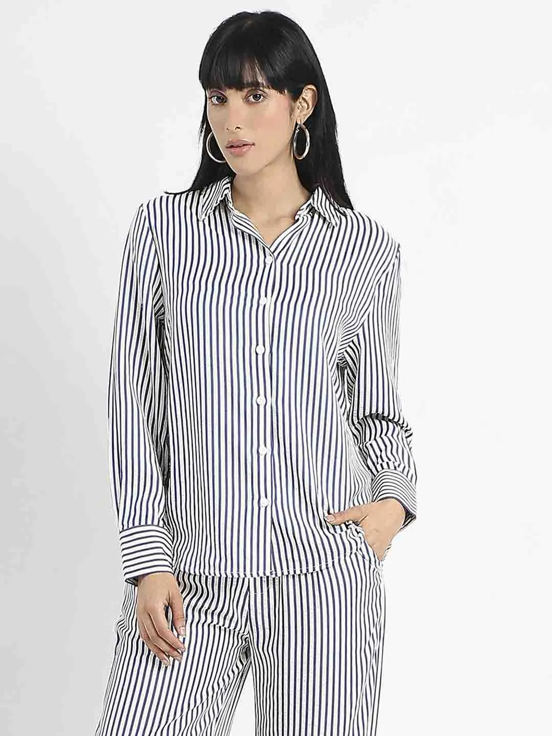 Weekend Outfit Madame Striped Navy Blue Cotton Blend Shirt