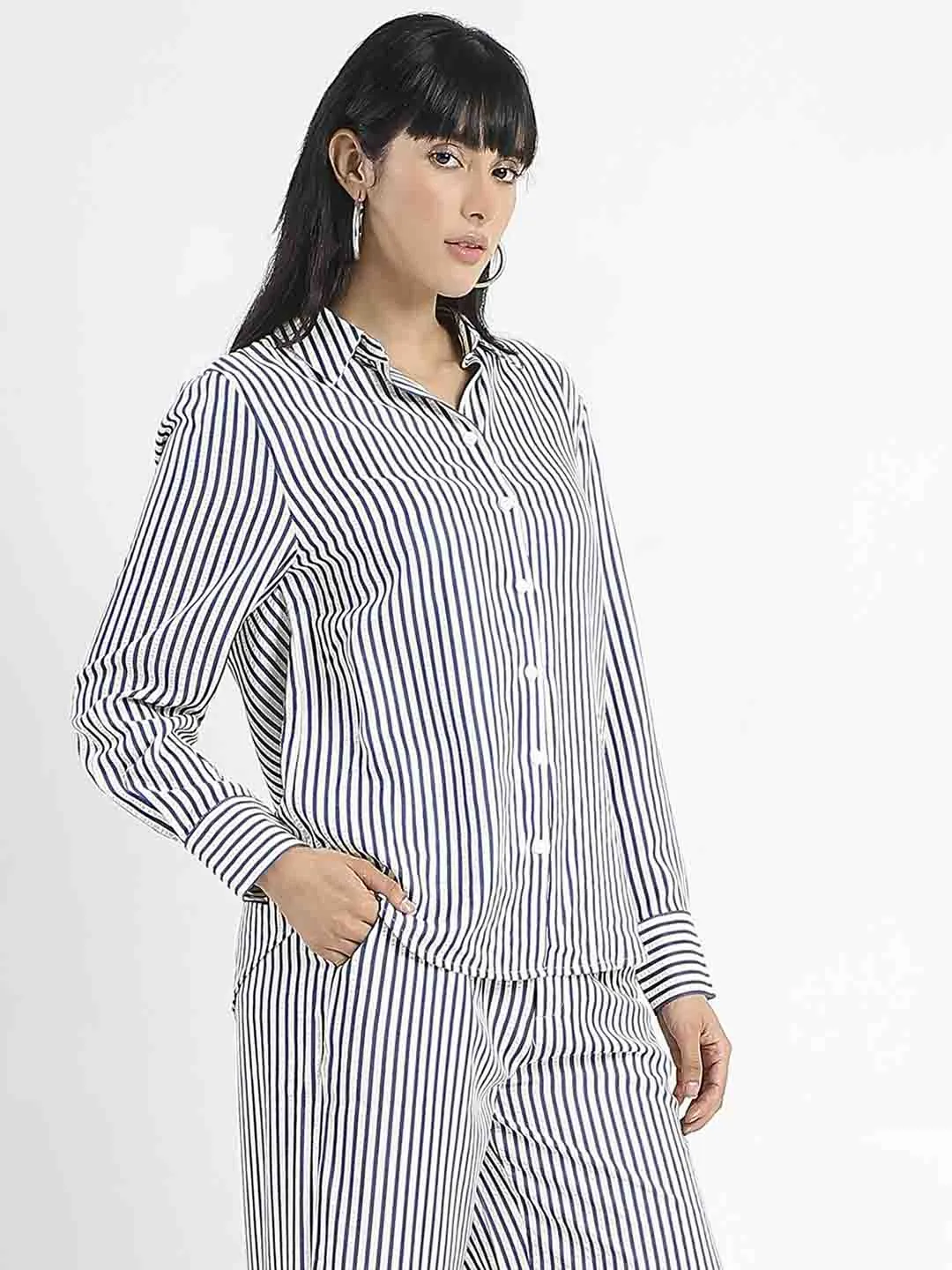 Tailored Cut Soft Material Madame Striped Navy Blue Cotton Blend Shirt