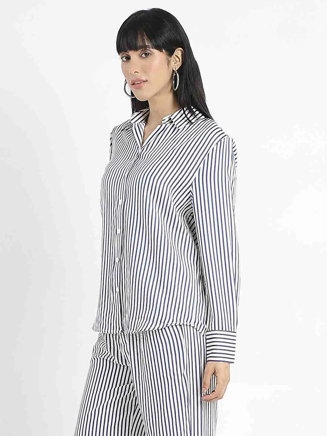 Madame Striped Navy Blue Cotton Blend Shirt Durable Material Corporate Retreat