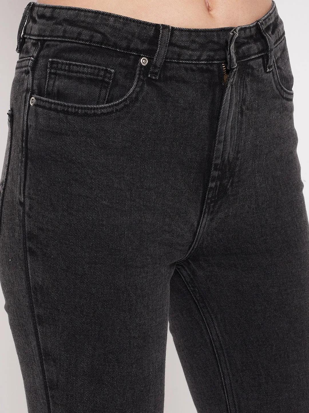 Flexible Waistband Construction Madame Women Solid Black Jeans