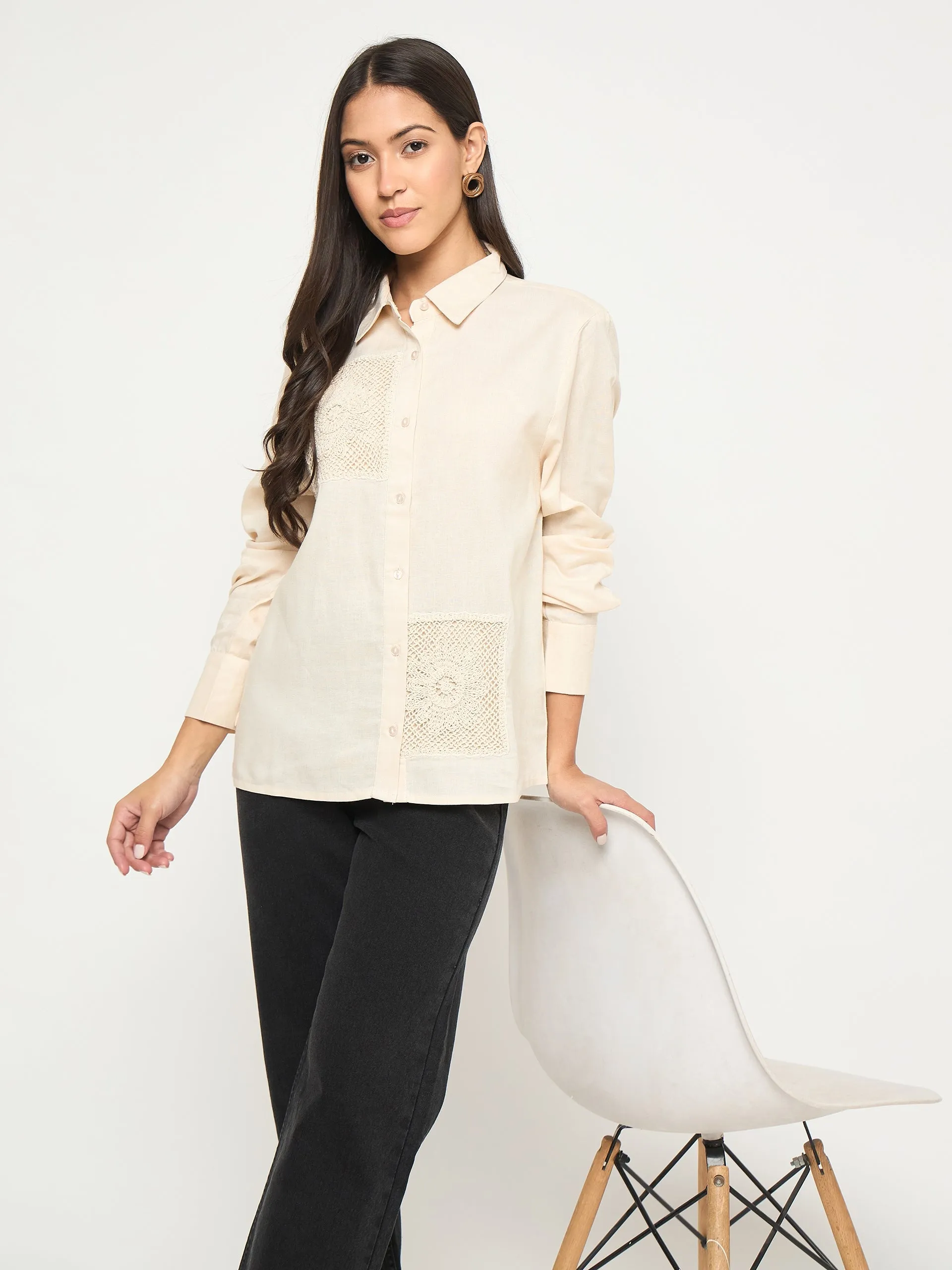 Madame Patchwork and Lace Detailed Beige Cotton Shirt tailored look