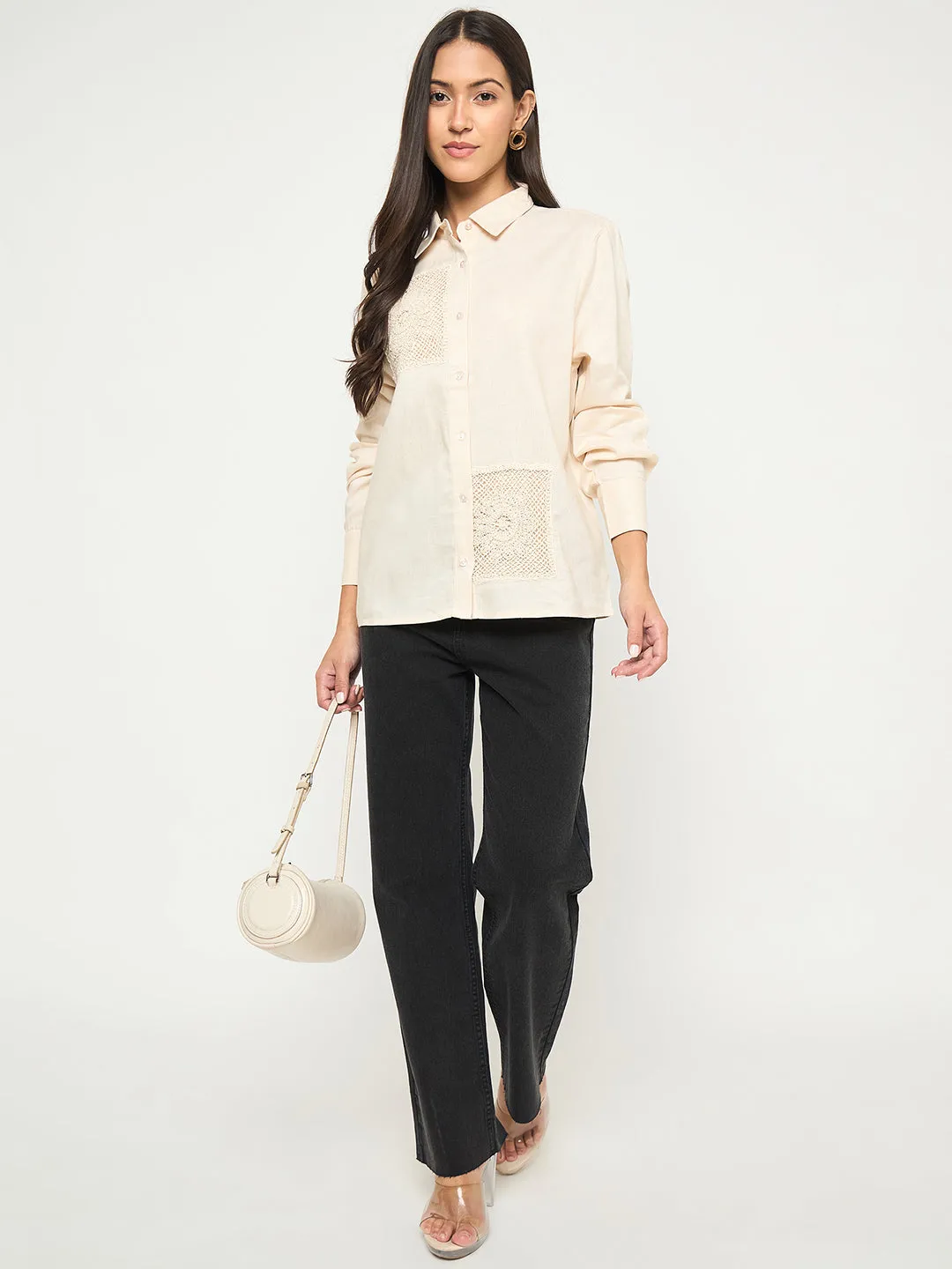 Madame Patchwork and Lace Detailed Beige Cotton Shirt Seasonal Comfort