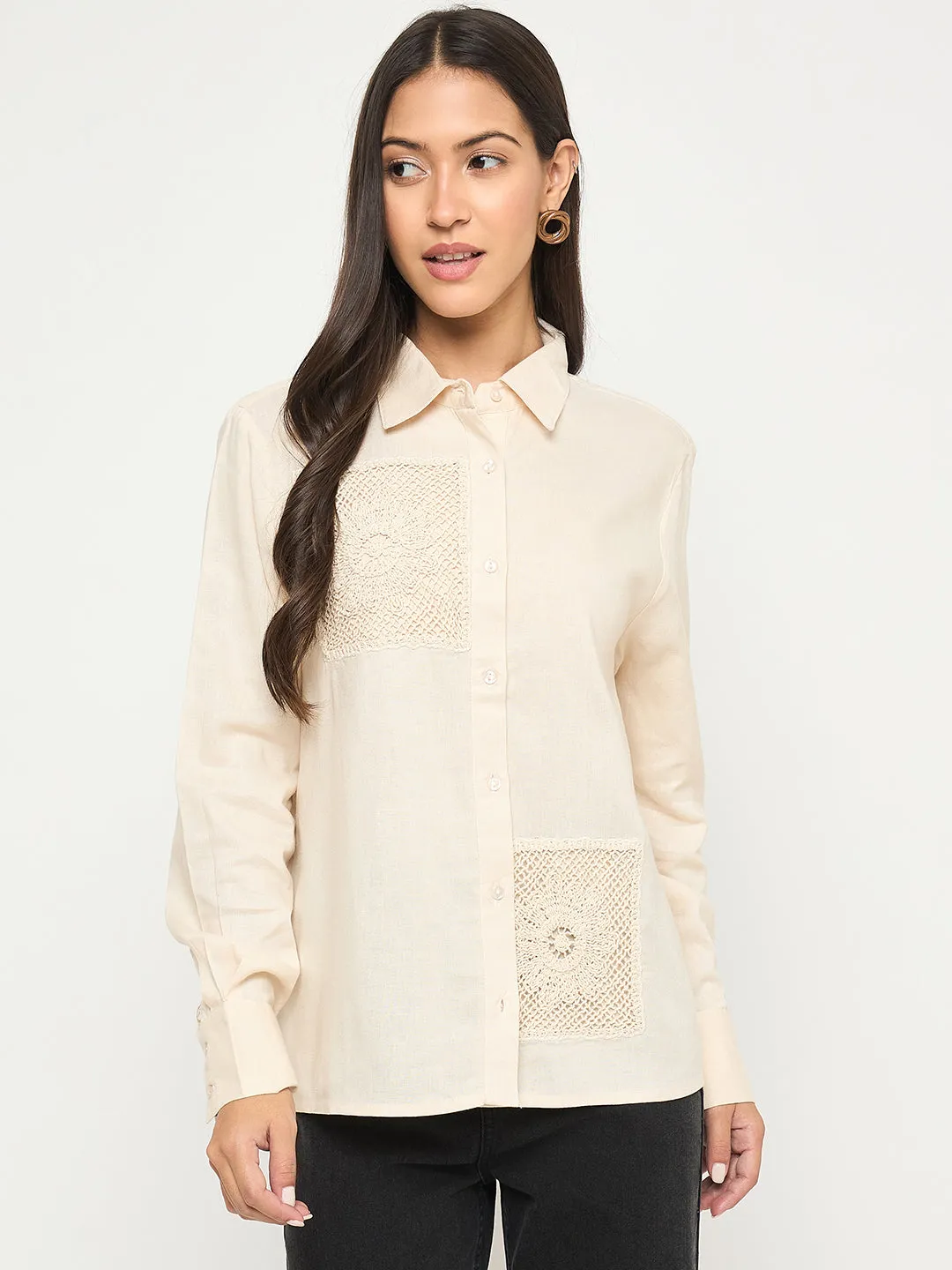 Madame Patchwork and Lace Detailed Beige Cotton Shirt Eco Dye Technique Festive Look