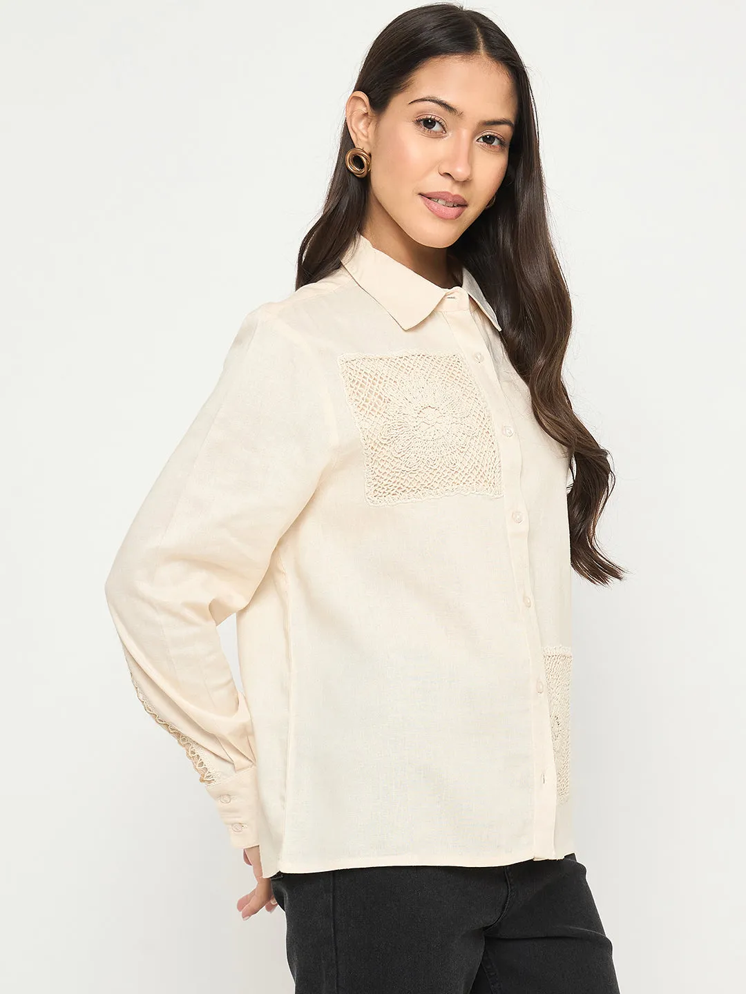 Madame Patchwork and Lace Detailed Beige Cotton Shirt Fashionable Look