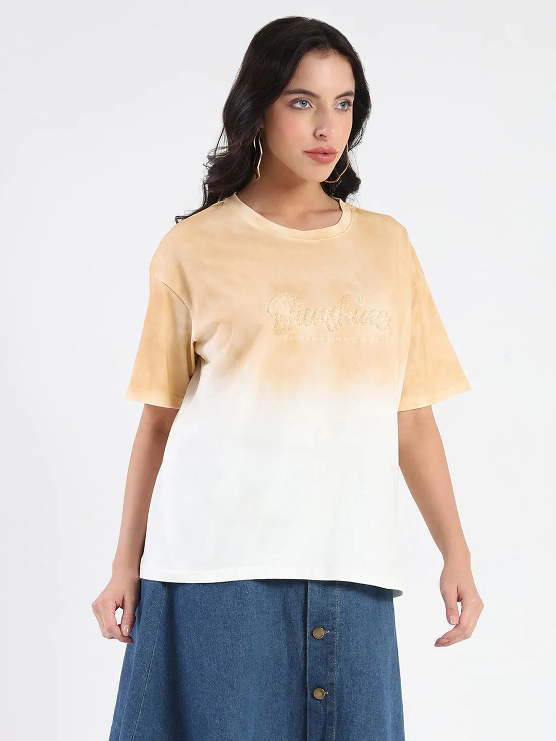 Madame Ombre Loose Fit Peach Oversize Cotton T-shirt Easy-to-Style Top