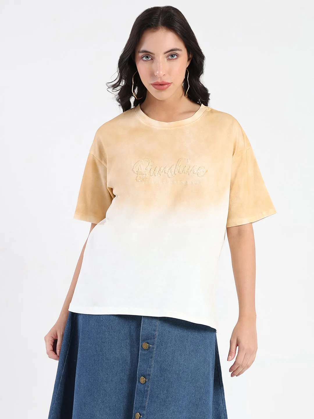 Weekend Smart Look Stretchable Collar Band Madame Ombre Loose Fit Peach Oversize Cotton T-shirt