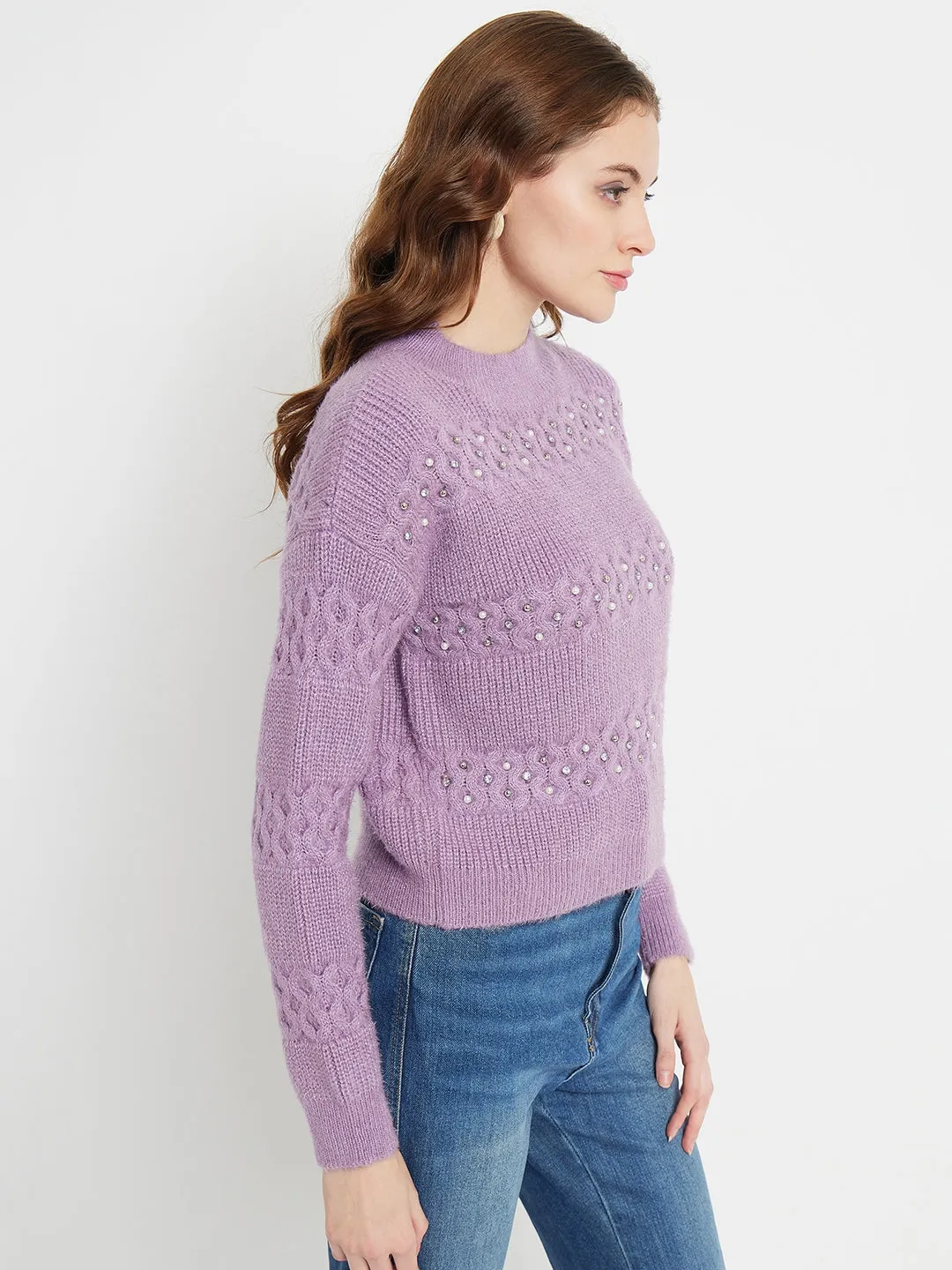 Zero Waste Manufacturing Drop Shoulder Design Madame Cable Knit Embellished Lilac Sweater