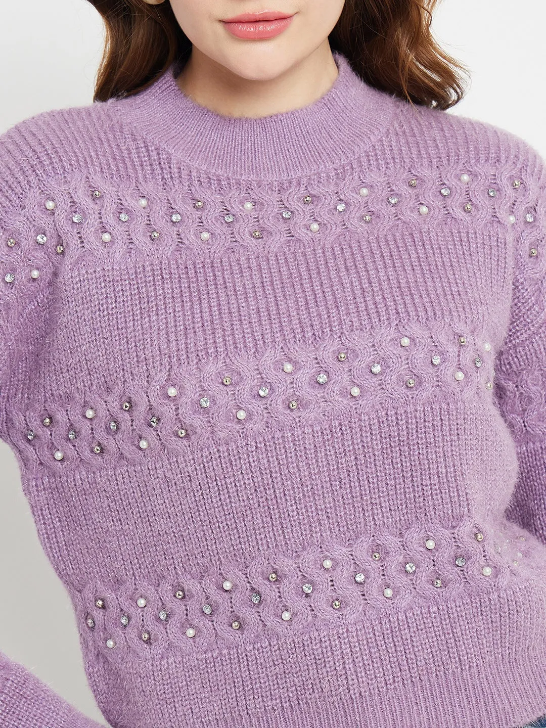Madame Cable Knit Embellished Lilac Sweater Breathable Waist