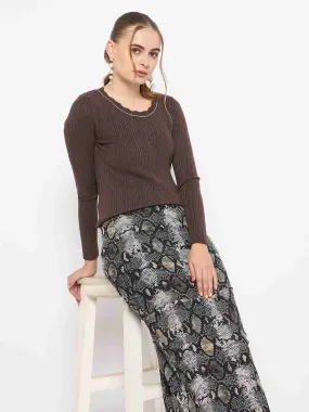 Functional Design Loopback Fabric Madame Scalloped Neck Solid Brown Sweater