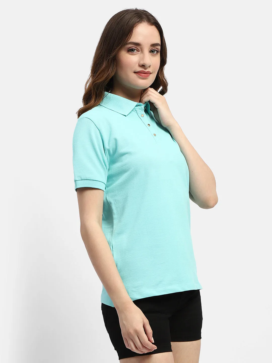 Relax Style Trend Madame Solid Aqua Blue Polo Neck T-Shirt